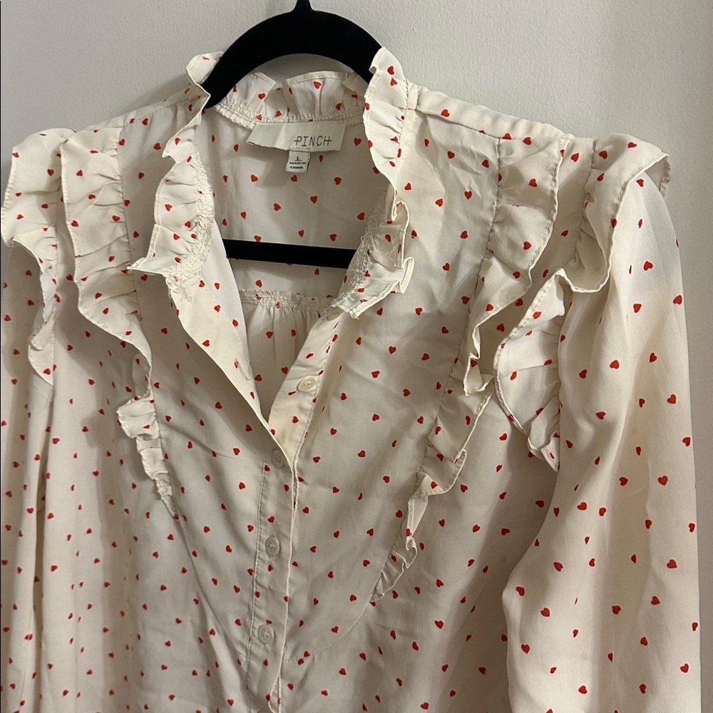 PINCH heart print ruffled long sleeve top cream/red valentines large - Picture 2 of 6